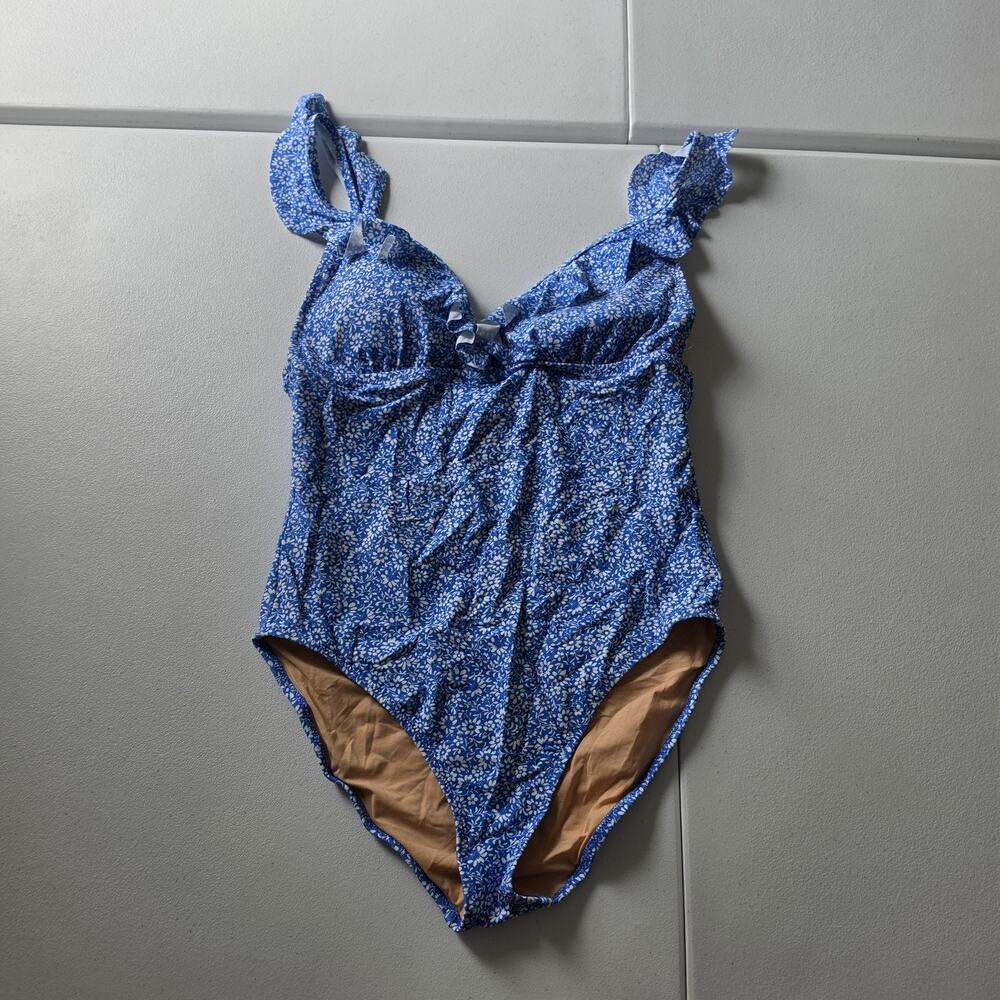 J.Crew Swimsuit Womens M Blue Floral One Piece Ruffle Bow Padded Lined